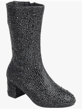 Girls Embellished Black Mid-Calf Block Glitter Heel Boots